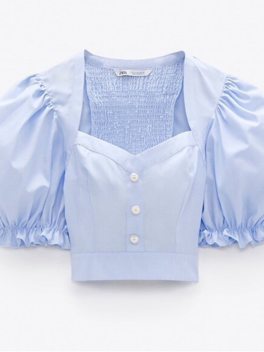 Zara Sky Blue Puff-Sleeve Cropped Blouse with Buttons